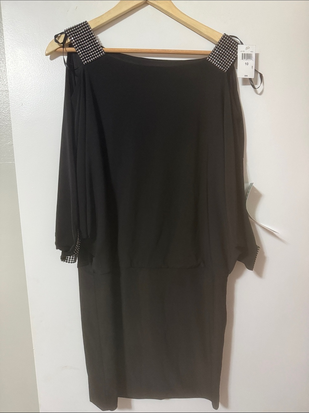 Black Cold-Shoulder Embellished Strap Dress